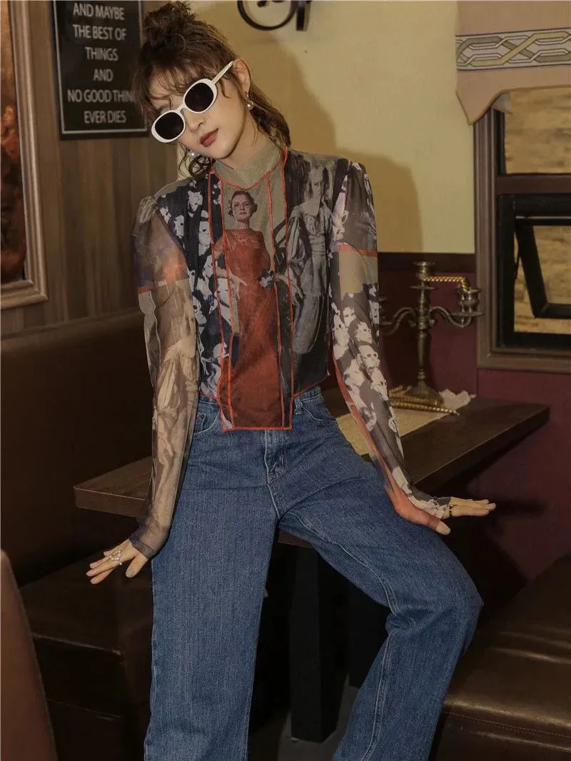 Vintage Mesh Turtleneck Top with Long Sleeves