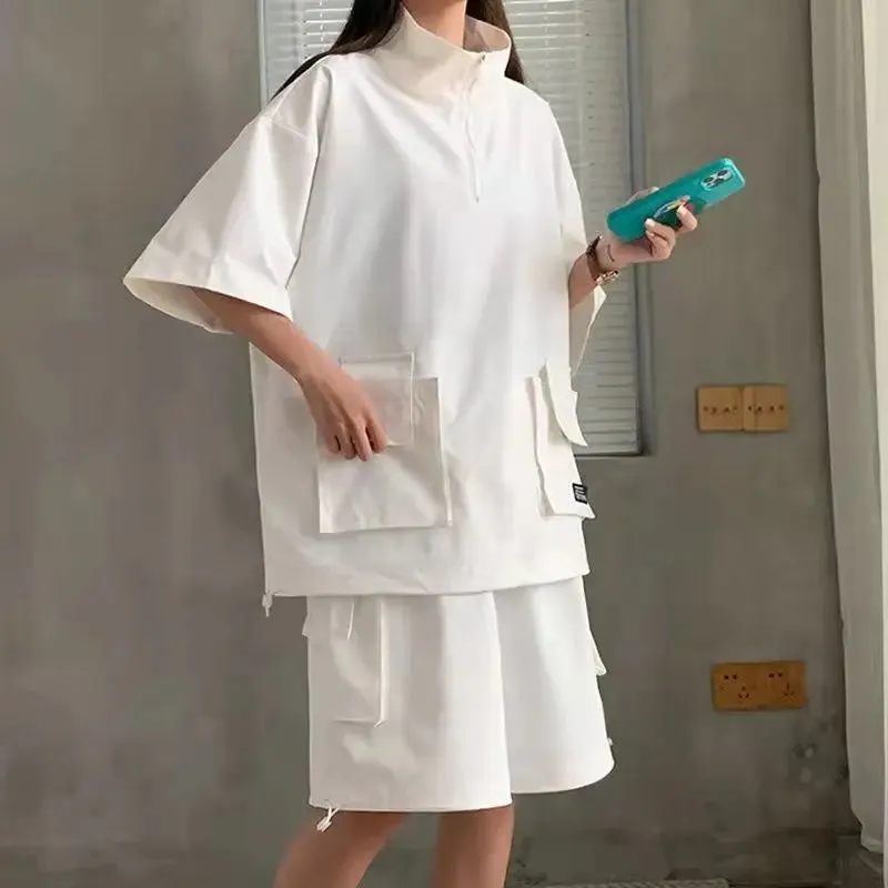 Wiaofellas  -  Harajuku Couples Summer Loose Cargo Sets Solid Color Tshirts Shorts Outdoor Casual Tracksuit Zipper Turtleneck Pockets T-shirt