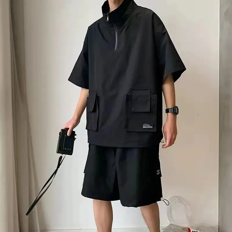 Wiaofellas  -  Harajuku Couples Summer Loose Cargo Sets Solid Color Tshirts Shorts Outdoor Casual Tracksuit Zipper Turtleneck Pockets T-shirt