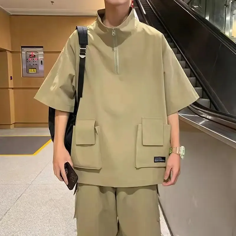 Wiaofellas  -  Harajuku Couples Summer Loose Cargo Sets Solid Color Tshirts Shorts Outdoor Casual Tracksuit Zipper Turtleneck Pockets T-shirt