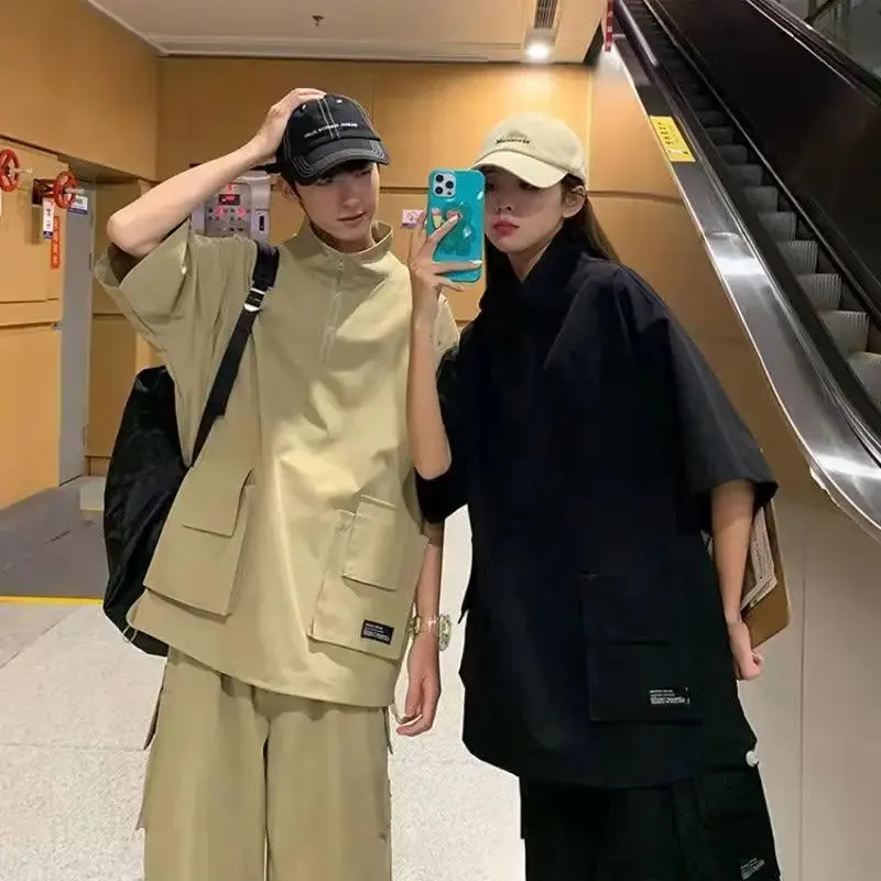 Wiaofellas  -  Harajuku Couples Summer Loose Cargo Sets Solid Color Tshirts Shorts Outdoor Casual Tracksuit Zipper Turtleneck Pockets T-shirt