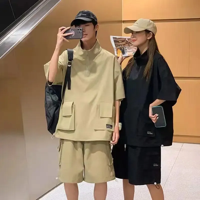 Wiaofellas  -  Harajuku Couples Summer Loose Cargo Sets Solid Color Tshirts Shorts Outdoor Casual Tracksuit Zipper Turtleneck Pockets T-shirt