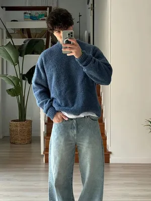 Wiaofellas  -  Thicken Warm Half Turtleneck Sweater Men's Fashion Solid Long Sleeve Loose Fleece Knitted Pullover Casual Male Knit Jumpers