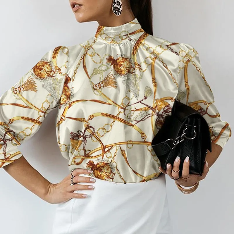 Women Fashion Satin Blouse 2022 Elegant Tunic Slik Tops Autumn Solid High Collar Shirt Long Sleeve Party Blusas Femininas