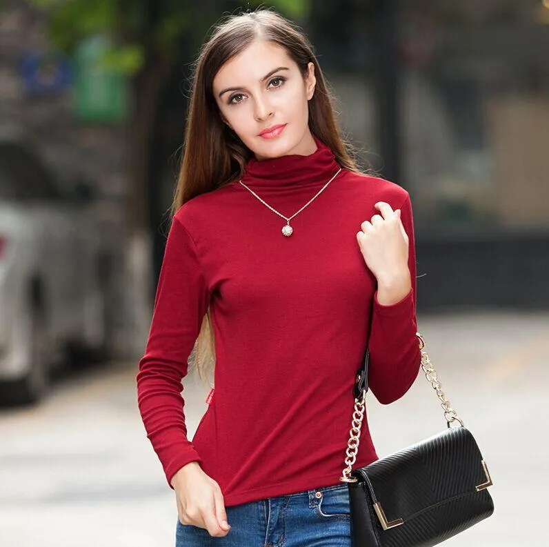 Women Winter Shirts Brand Long Sleeves Solid High Collar Pullover/Wild Section Bottoming Shirt