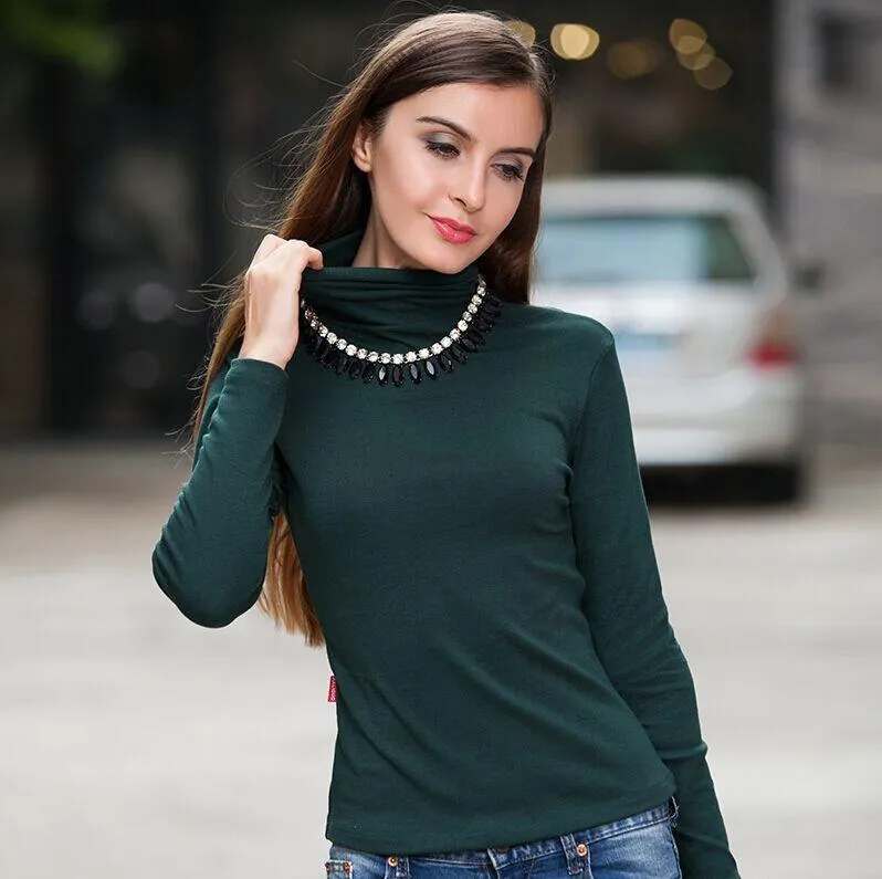 Women Winter Shirts Brand Long Sleeves Solid High Collar Pullover/Wild Section Bottoming Shirt