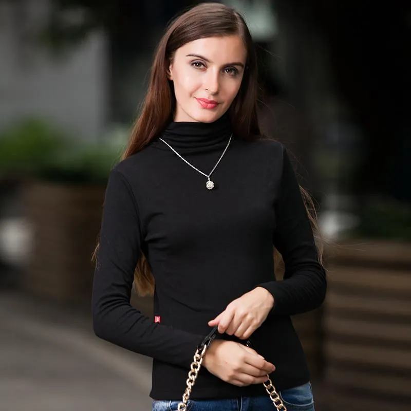 Women Winter Shirts Brand Long Sleeves Solid High Collar Pullover/Wild Section Bottoming Shirt