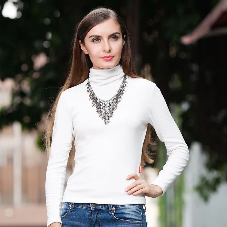 Women Winter Shirts Brand Long Sleeves Solid High Collar Pullover/Wild Section Bottoming Shirt