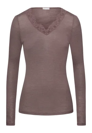 Woolen Lace Fine Ribbed Wool And Silk  V-Neck Top | Stonewash 70914-2756